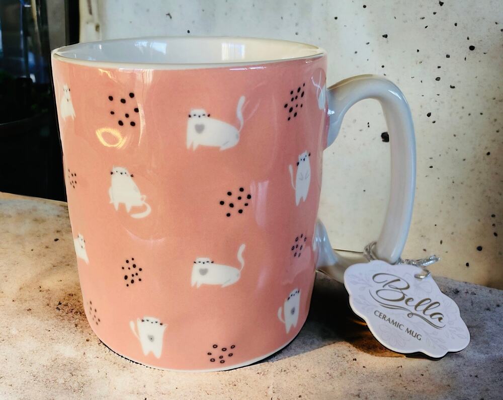 NEW Bella Pink & White Black Polka Dots Soft Kitten Cats 16oz Coffee Tea Mug